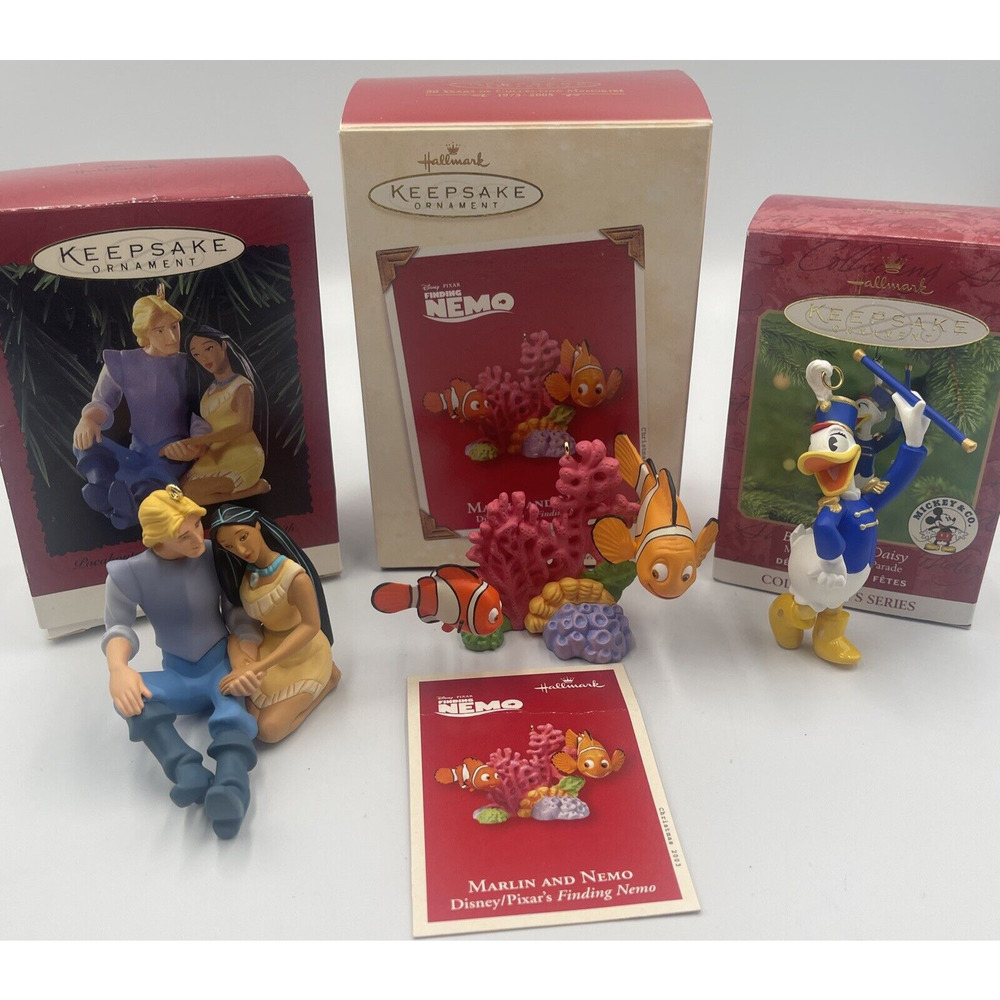 THREE (3) HALLMARK DISNEY HOLIDAY ORNAMENTS DAISY‎ Duck- NEMO- POCAHONTAS